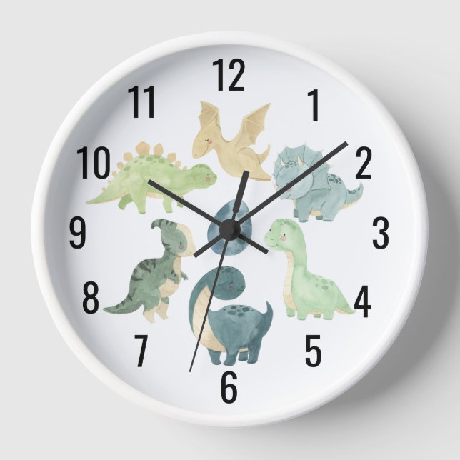 Horloge Bébé mignon Dinosaure Aquarelle Noir (Recto)