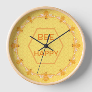Horloge Bee Happy miel abeilles sur nid d'abeille jaune