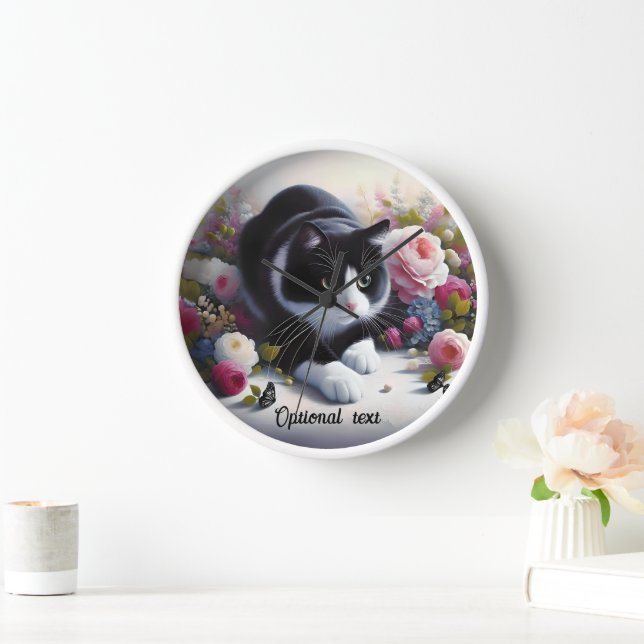Horloge Belle Chat et Fleurs Noir et Blanc (Maison)