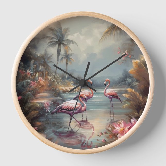 Horloge belle peinture vintage flamants roses (Recto)