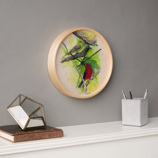 Horloge Belle Scarlet Tanagers Oiseaux Peinture (Bureau)