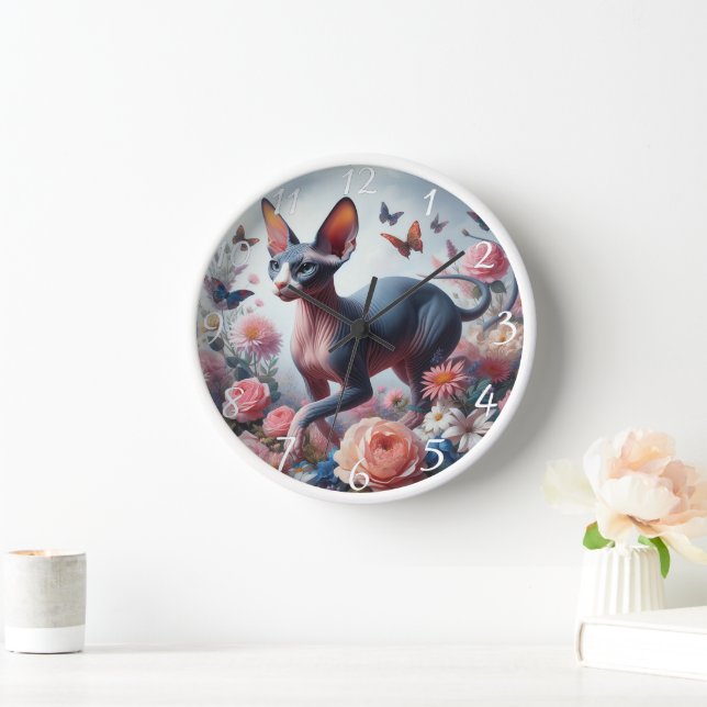 Horloge Belle Sphynx Chat & Fleurs (Maison)