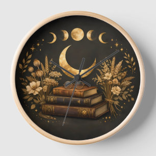 Horloge Bibliothèque Mystique Dorée & Art Botanique Boho d