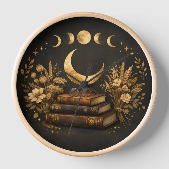 Horloge Bibliothèque Mystique Dorée & Art Botanique Boho d (Recto)