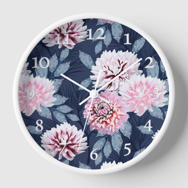 Horloge Blanc, fleurs roses sur fond bleu foncé. (Recto)