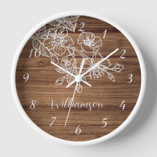 Horloge Blanc Floral Line Art Bois Arrière - plan Monogram