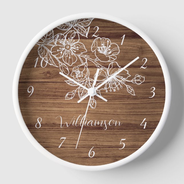 Horloge Blanc Floral Line Art Bois Arrière - plan Monogram (Recto)