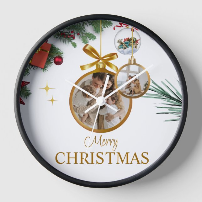 Horloge Blanc moderne Joyeux Noël 10" Noir rond (Recto)