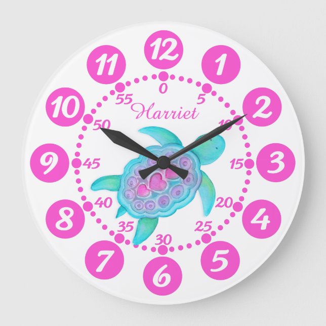Horloge blanche rose de la tortue mignonne enfant (Recto)