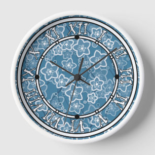 Horloge bleu avec blanc, bleu, fleurs, floral, rustique, f