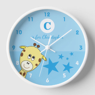 Horloge Bleu avec un joli nom de bébé girafe étoiles