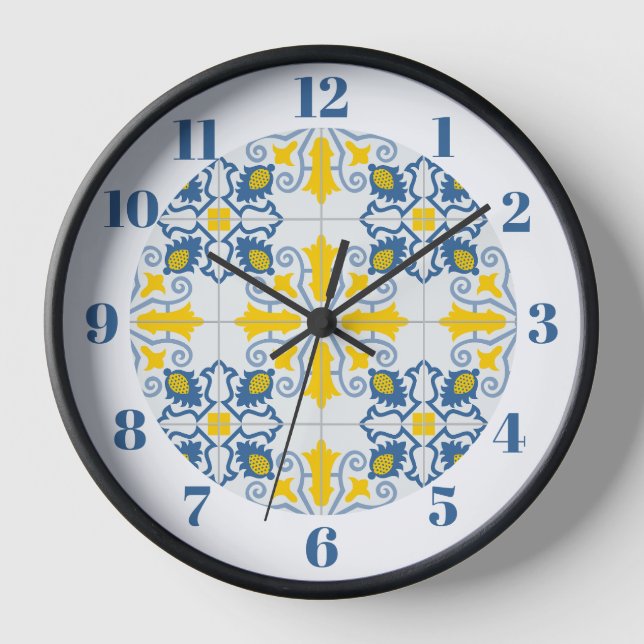 Horloge Bleu et jaune joli carrelage portugais motif (Recto)