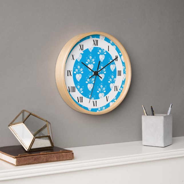 Horloge Bleu folk Coeur portugais en fleurs (Bureau)