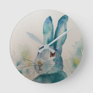Horloge bleue de l'aquarelle de lapin lièvre