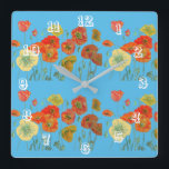 Horloge bleue pastel aquarelle coquelicot orange r<br><div class="desc">Horloge pour le bureau de femme noire colorée à l'aquarelle originale peinte par mes soins.</div>