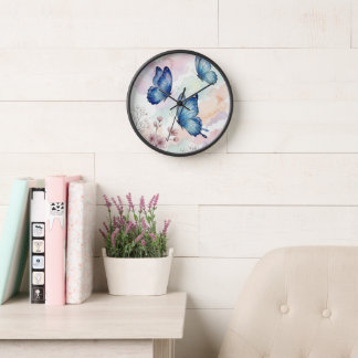 Horloge Blue Butterfly Watercolor Wall Clock Elegant Decor