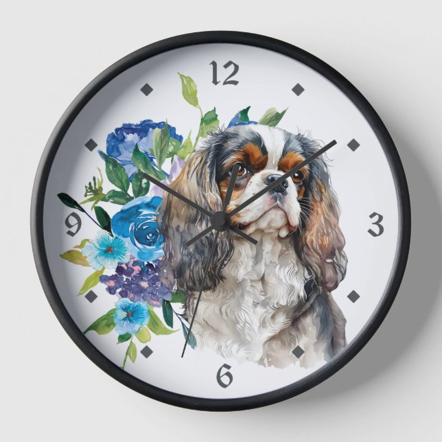 Horloge Blue Floral Cavalier King Charles Spaniel Chien (Recto)