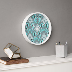 Horloge Bohemian Aqua Turquoise Ikat Motif d'art tribal