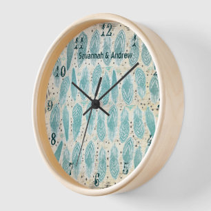 Horloge Boho Bohème Distressed Sarcelle Motif Plume