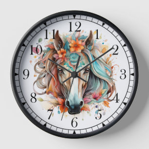Horloge Boho Tribal Aquarelle Cheval Élégant Chic