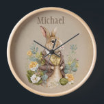 Horloge Bois Animaux Lapin Rustique Nom Nursery<br><div class="desc">Mignons lapins lapins de bois animaux avec des accents floraux tout autour sur un arrière - plan faux rustique Ajouter votre choix de nom. Adorable satisfaction 100% client avec Zazzle tous les jours.</div>
