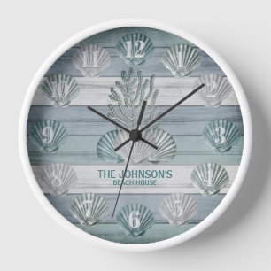 Horloge Bois de plage bleu rustique avec coquillages