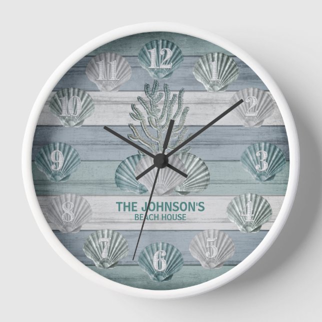 Horloge Bois de plage bleu rustique avec coquillages (Recto)