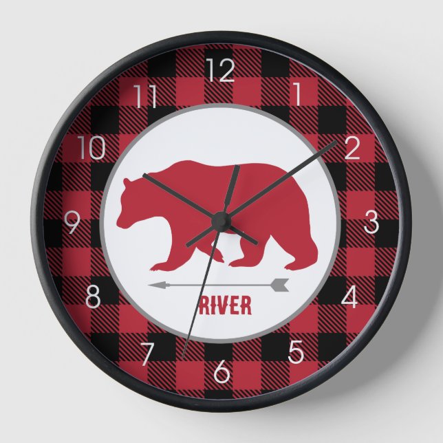 Horloge Bois d'ours rustique Buffalo carreau rouge et gris (Recto)