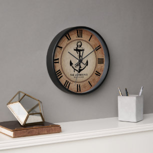 Horloge Bois nautique rustique et Ancre