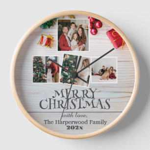 Horloge bois sobre et élégante famille Noël Photo collage