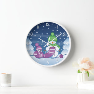 Horloge Bonhomme de neige tricotant une écharpe de Noël