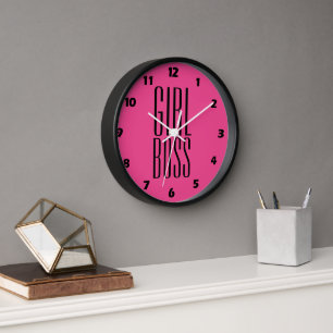 Horloge Boss Fille Personnalisée Noir Rose Chaud 10" Mur