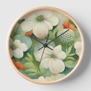 Horloge Botanique blanche et orange d'inspiration japonais