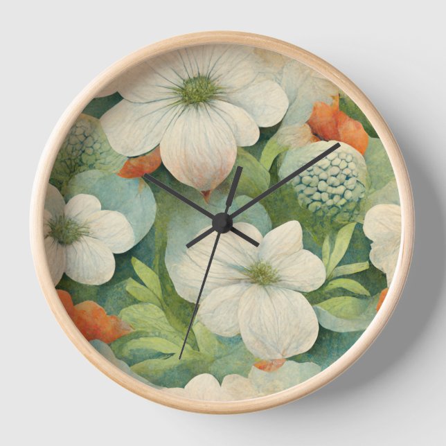 Horloge Botanique blanche et orange d'inspiration japonais (Recto)