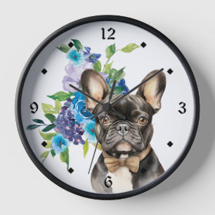 Horloge Bouquet bleu floral Bowtie French Bulldog