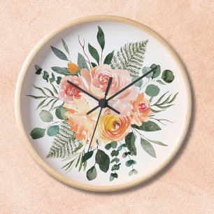 Horloge Bouquet de fleurs à l'aquarelle de pêche rose rust