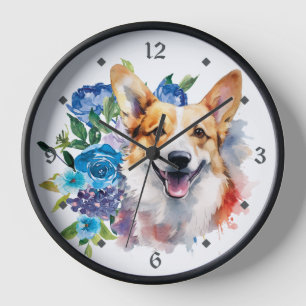 Horloge Bouquet floral bleu Corgi Chien