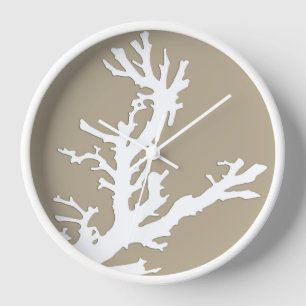 Horloge Branche de corail - blanc sur taupe