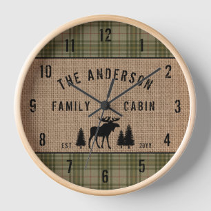 Horloge Cabine de famille Moose Pine Green Plaid Burlap
