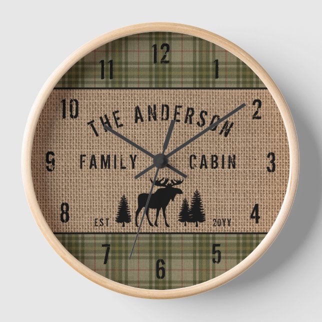 Horloge Cabine de famille Moose Pine Green Plaid Burlap (Recto)
