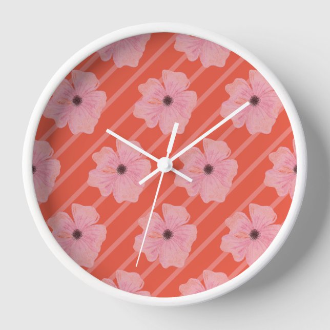 Horloge Cadran mural Fleurs roses et rayures (Recto)