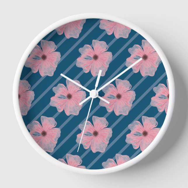 Horloge Cadran mural Fleurs roses et rayures (Recto)