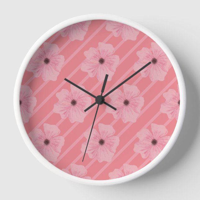 Horloge Cadran mural Fleurs roses et rayures (Recto)