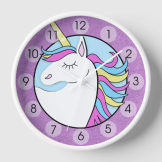 Horloge Cadran mural rond violet licorne arc-en-ciel migno