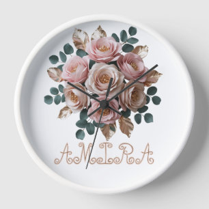 Horloge Cadre Élégant Rose Pâle Fleurs Monogramme Or Horlo