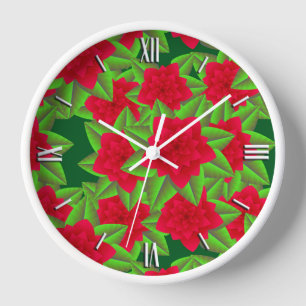 Horloge Camellias rouge foncé et Feuilles verts