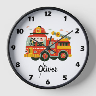 Horloge Camion de pompiers fantaisiste mignon et garçon po