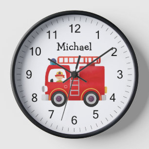 Horloge Camion de pompiers rouge moderne nom personnalisé