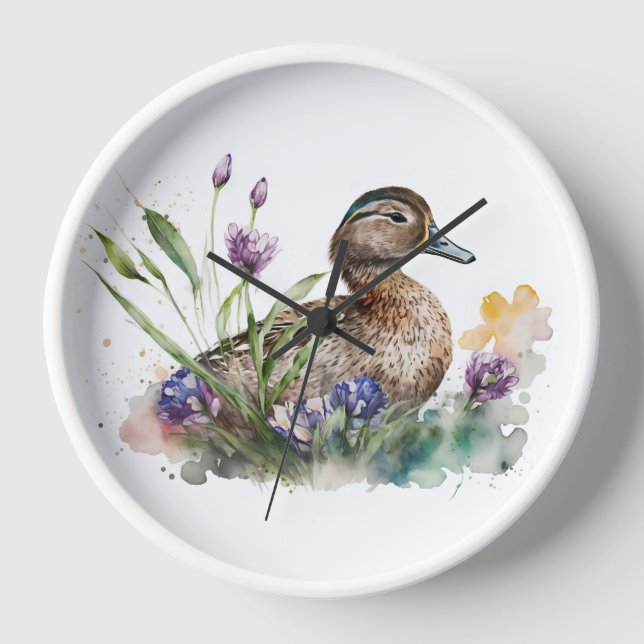 Horloge Canard à l'aquarelle dans les fleurs (Recto)