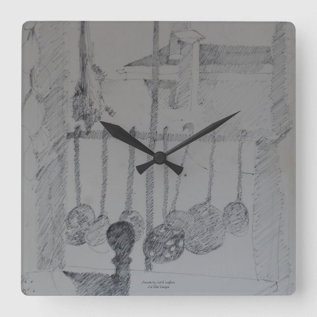 Horloge carré avec cuisines et ustensiles. (Recto)